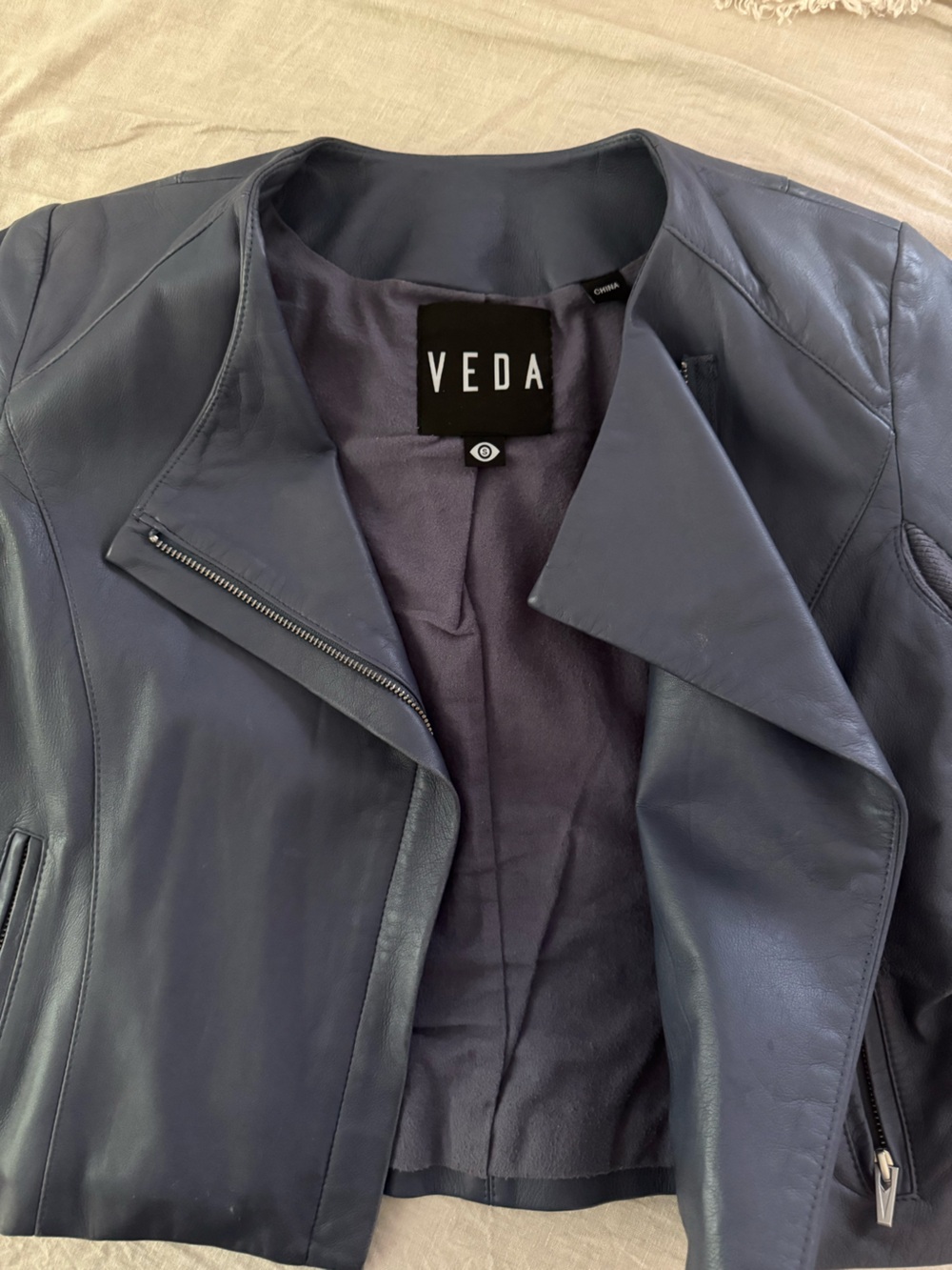 Veda Purple Slate Blue Leather Moto Jacket